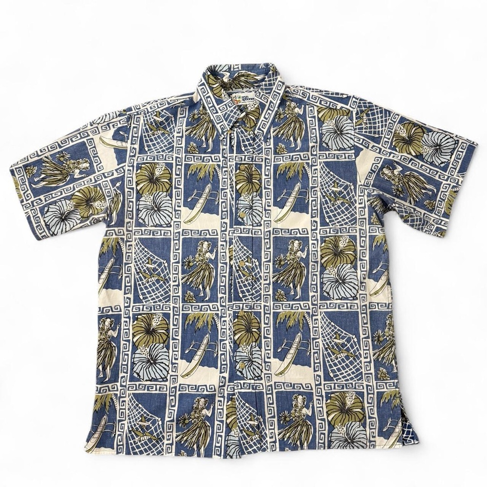 REYN SPOONER Blue Hula Girl Reverse Print Hawaiian Shirt Men’s Size Medium